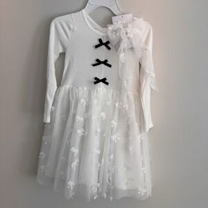 Btween Girls White Tulle Dress Size 8 Bow Detail Long Sleeve NWT With Bow
